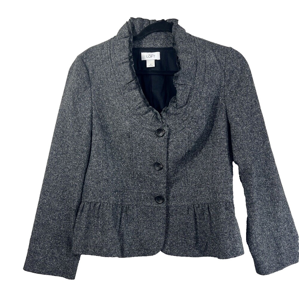 Ann Taylor Loft Black Textured Ruffle Women's Wool Silk Blend Blazer size 6